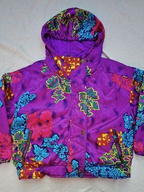Vintage 90s Obermeyer Reversible Ski Jacket Ladies 6 Purple Floral Neon Quilted